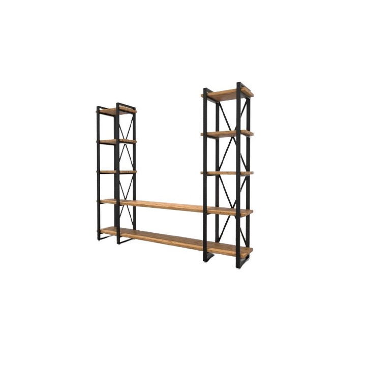 Biblioteca in stil industrial, Solid Wood, 208x182x24cm, negru/nuc