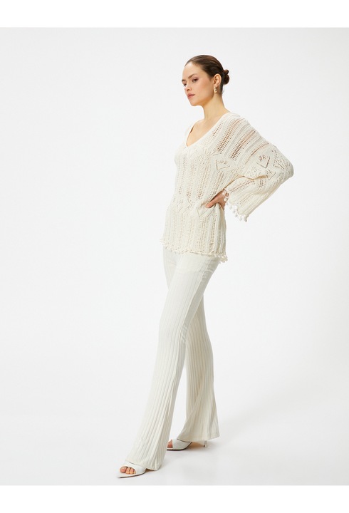 KOTON, Pulover cu decolteu in V si detalii cu perforatii, Alb, L