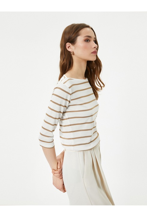 KOTON, Bluza cu model in dungi si decolteu barcuta, Bej, 3XL