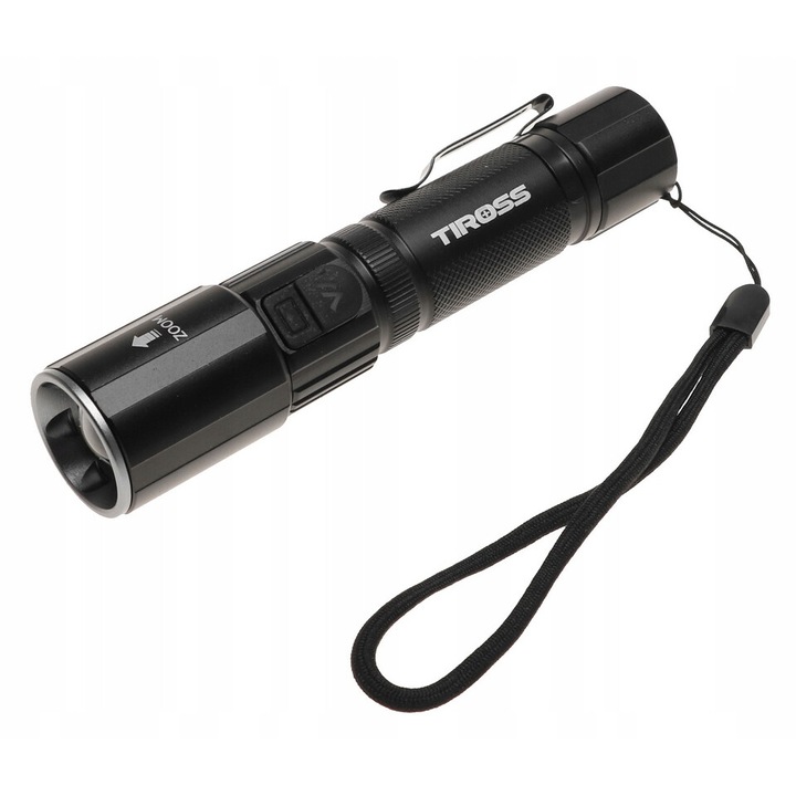 LED тактически фенер, TIROSS, алуминиева сплав, 1000 lm, USB, черен