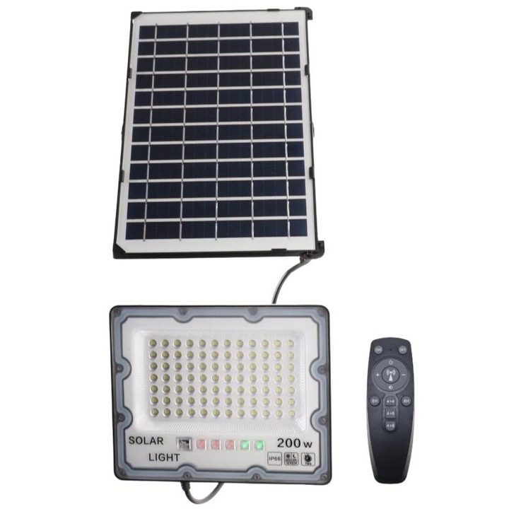 LED napelemes lámpa Solar Light, 200W, műanyag, alkonyérzékelős, távirányítós, hideg fehér, 19x15,5x4cm