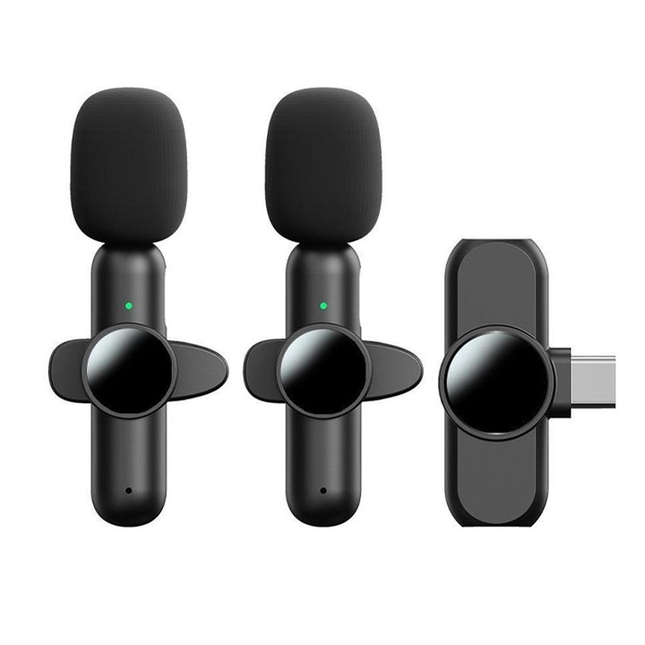 2 db Lavalier mikrofon készlet, Rqiurpn, Vezeték nélküli, Zajcsökkentő funkció, USB C csatlakozás, iPhone/Android/Kamerához, Fekete