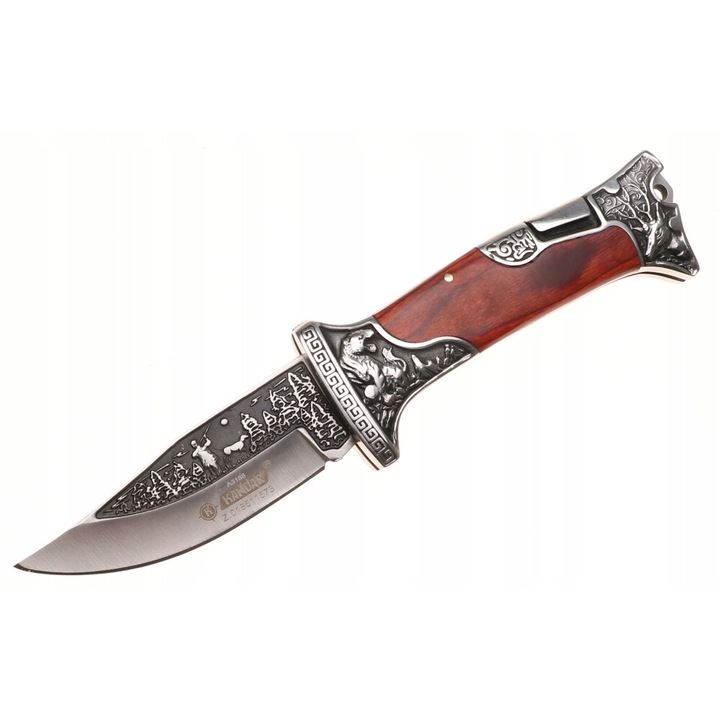Briceag de vanatoare Kandar, otel, gravura decorativa, lama 9cm, multicolor