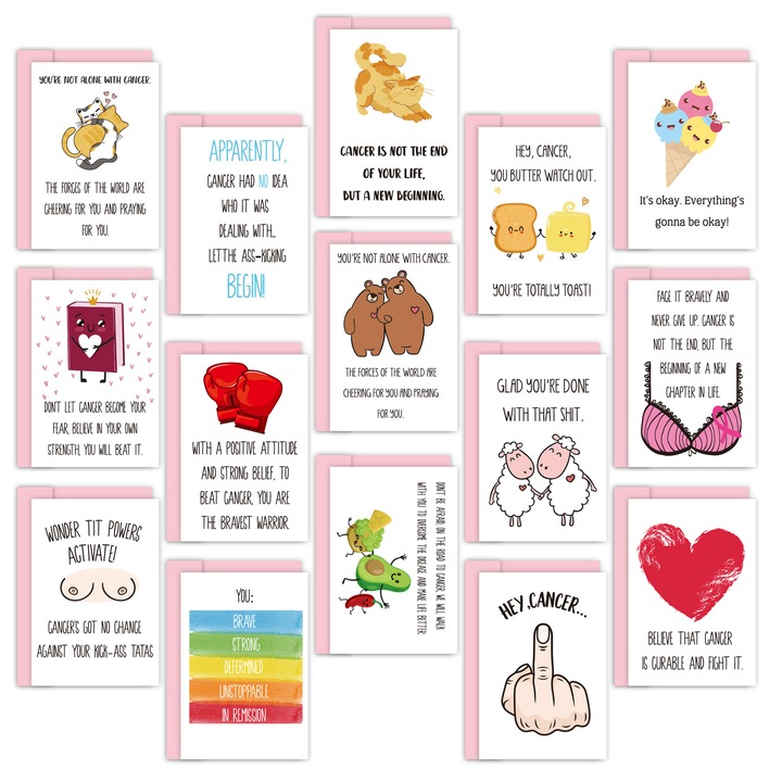 Set 15 Felicitari cu mesaj de insanatosire, plic inclus, alb cu plic roz, 17.5x13cm