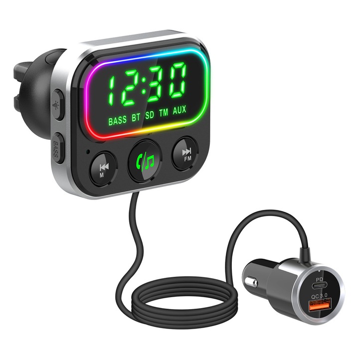 TNEAYWHE autós adapter Bluetooth 5.3-mal, dupla USB porttal, gyors töltéssel, fekete