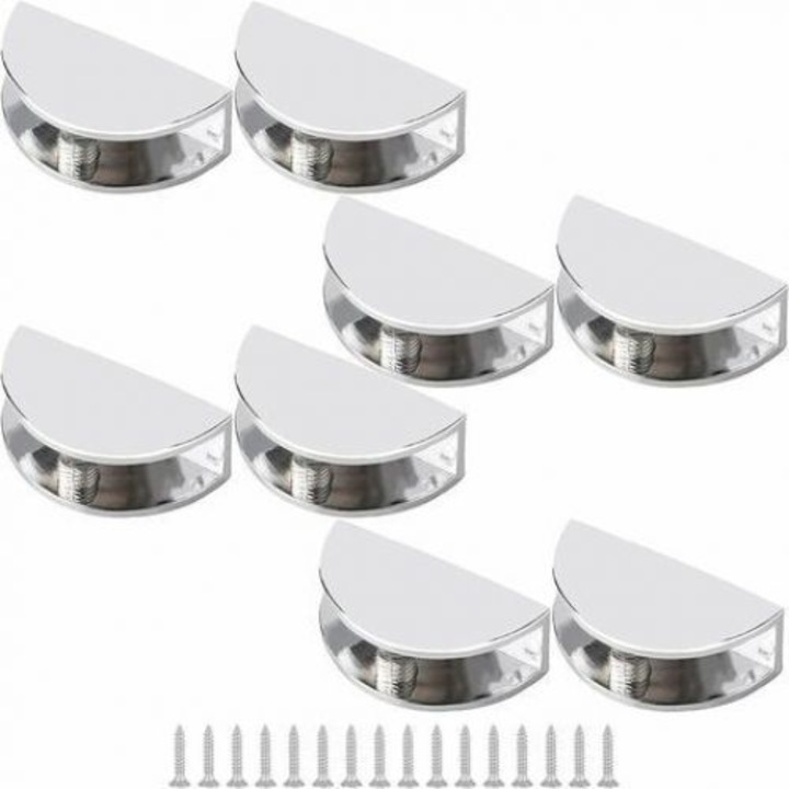 Set de 8 cleme reglabile pentru rafturi de sticla, aliaj de zinc, cromate, 6-10mm