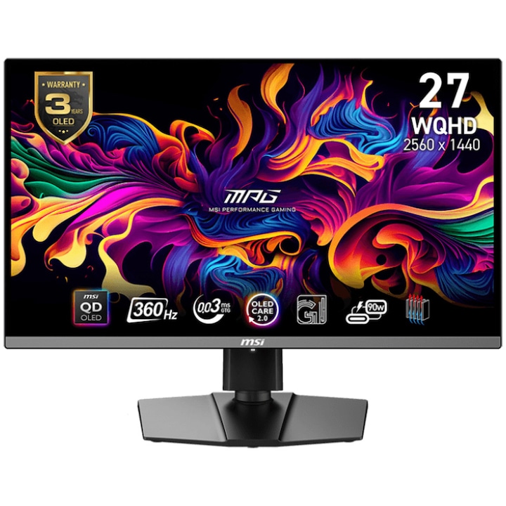 MSI MPG 271QRX QD-OLED монитор за игри, 26.5", WQHD, 2560x1440, HDMI, DisplayPort, Pivot, AMD FreeSync Premium Pro, 360Hz, 0.03ms, черен