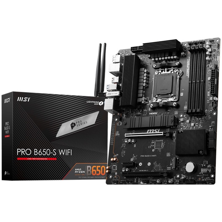 Дънна платка MSI PRO B650-S WIFI, ATX, Socket AM5, AMD B650 Chipset,4 DIMMs, Dual Channel DDR5 up to 7200+(OC)MHz,2x PCI-Ex16 slot, 2x M.2, 2x USB 3.2 Gen 2, 4x USB 3.2 Gen 1,4x USB 2.0,1x HDMI,1x DP,2.5G LAN,7.1 Audio,3y warranty PRO_B650-S_WIFI