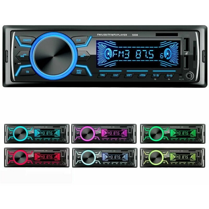 Autórádió Bluetooth 1Din, 4x60W, FM sztereó rádió, 7 szín, USB/SD/AUX, szett
