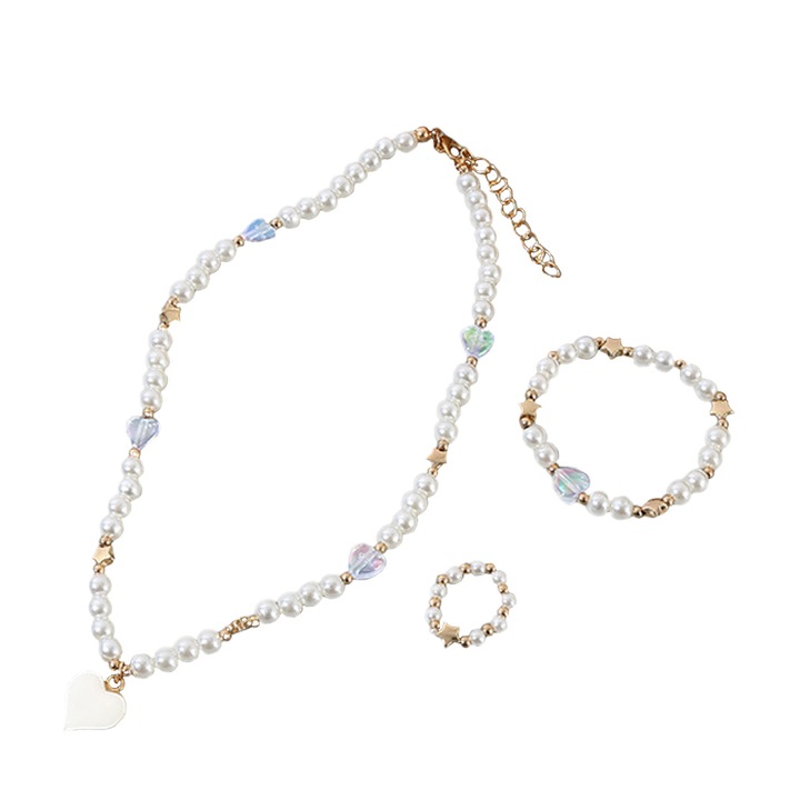 Set bijuterii dama, colier, inel si bratara, margele, alb, multime marimi