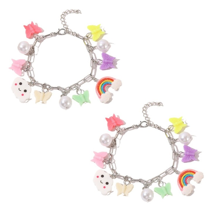 Set 2 bratari, fluture, aliaj si acrilic, multicolor, 18cm+5cm