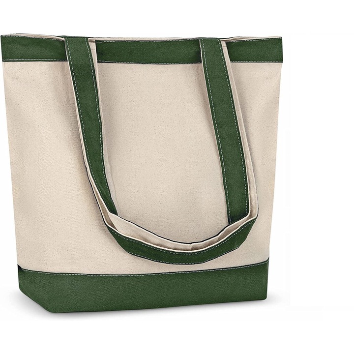 Női pamuttáska, sötétzöld/krémes, strandra, vásárlásra