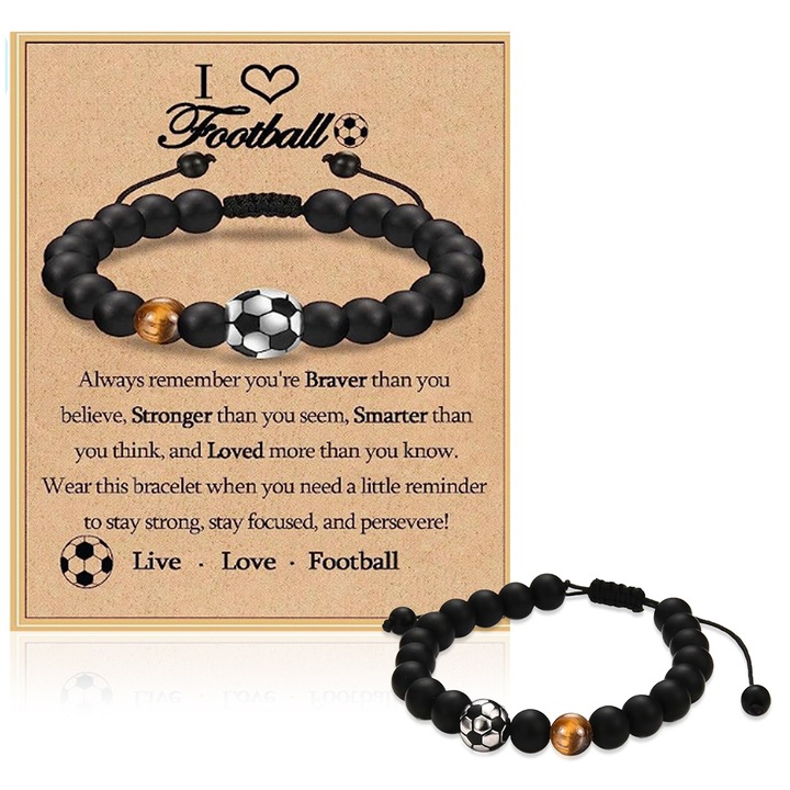 Bratara cu margele tematica fotbal si card cadou, pietre ochi de tigru si onix negru, ajustabila 16-26cm, set