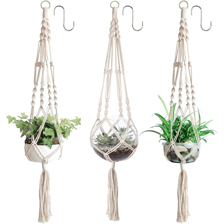 Suport de plante macrame, Enforose, set de 3, design unic, material bumbac, fara ciucuri