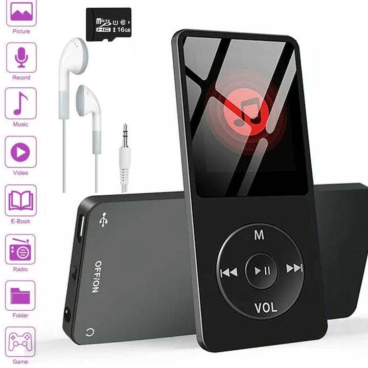 MP3 MP4 lejátszó, 16 GB, 1,8 hüvelyk, Bluetooth 5.0, kompakt, többszínű, 9x4x0,7 cm