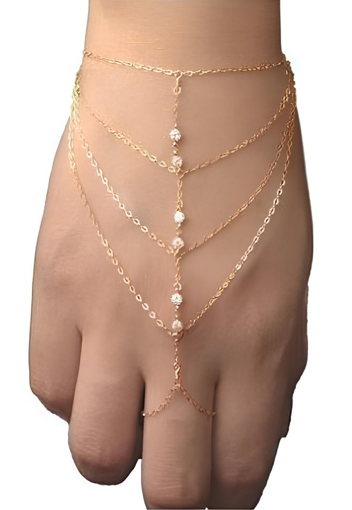 Bratara QttvbTna, design boho cu inel pentru deget, aurie cu strasuri, reglabila