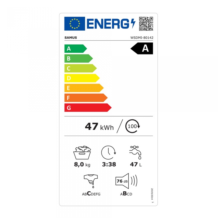 Masina de spalat rufe Samus WSDMI-80142, 8 kg, Motor inverter, 16 programe, 1400 RPM, Clasa A, Adaugare de rufe in timpul spalarii, Blocare acces copii, Alb