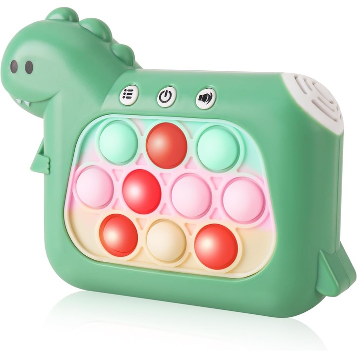 Jucarie Interactiva Tip Consola Pop It, Whack A Mole, 4 Moduri de Joc, Sunete si Lumini, Model Dino, Verde