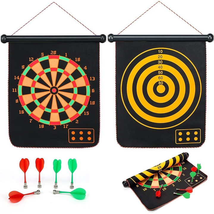 Kétoldalas darts tábla, 43x36,5 cm, 6 db mágneses darts készlet, beltéri és kültéri használatra