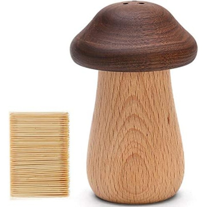 Fa fogpiszkáló adagoló, gomba dizájn, 2,37x2,37x3,72 hüvelyk, kapacitása 150 fogpiszkáló, dekoratív otthonra, irodába, étterembe