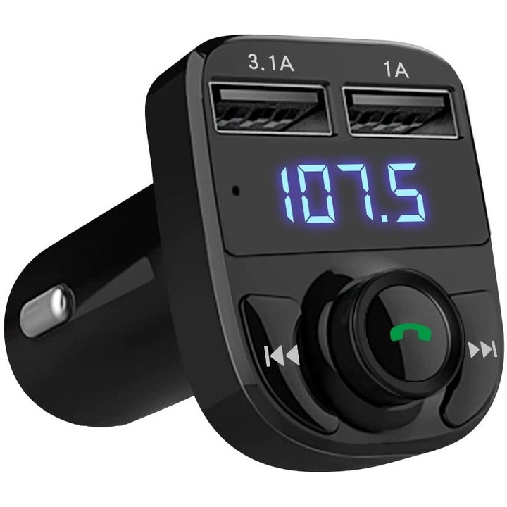 Incarcator auto dual USB cu transmisie FM Bluetooth, functie hands-free, 12V/24V, multicolor