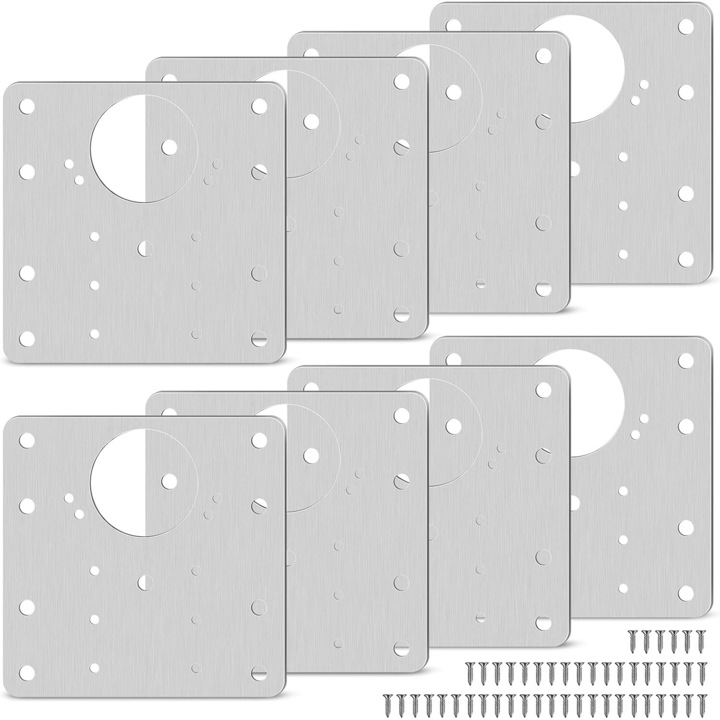 Set 8 Placi Instalare Balama, din Inox, 90x90mm, cu 48 Suruburi