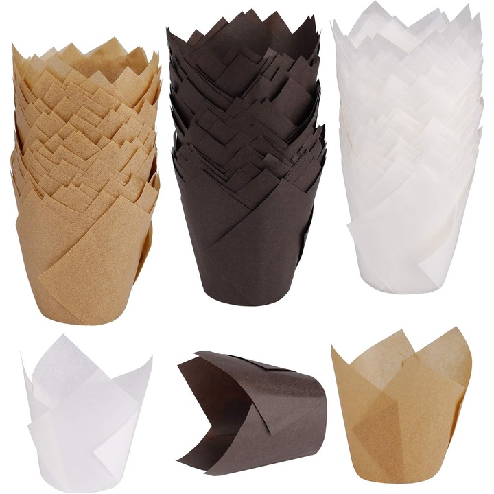 Set 150 forme prajituri tip tulipa, maro, natural, alb, hartie rezistenta la temperaturi inalte, 8x4.5cm