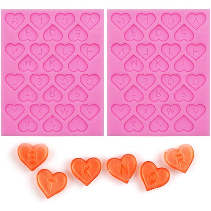 2 formájú készlet, szilikon, szív, 26 betű, rózsaszín