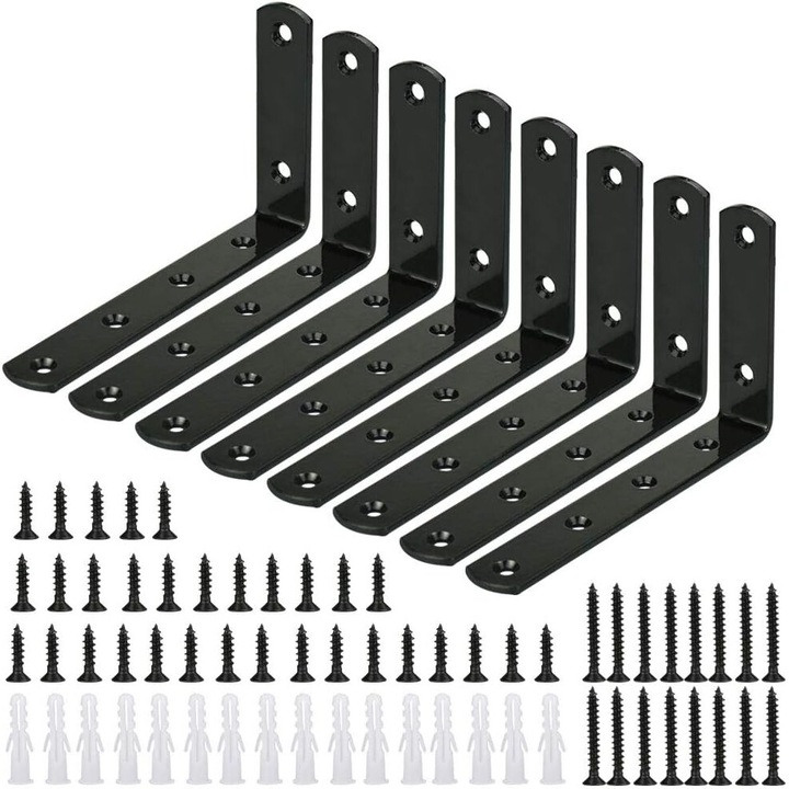 Set 8 suporturi metalice L, 90 grade, negru, cu 64 suruburi, pentru rafturi si mobila