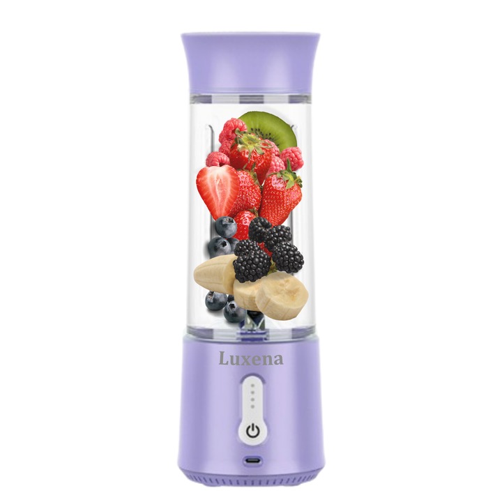 Blender Portabil fara Fir Luxena, 6 Lame 3D Inox, Autocuratare, 20 Utilizari/incarcare, 4000mAh, 20.000RPM, 500ml, USB-C, Fara BPA, 150W, Protectie Magnetica, Reincarcabil, Ideal Smoothie la Sala, Birou, Calatorii, Camping, Fitness, Drumetii, Mov