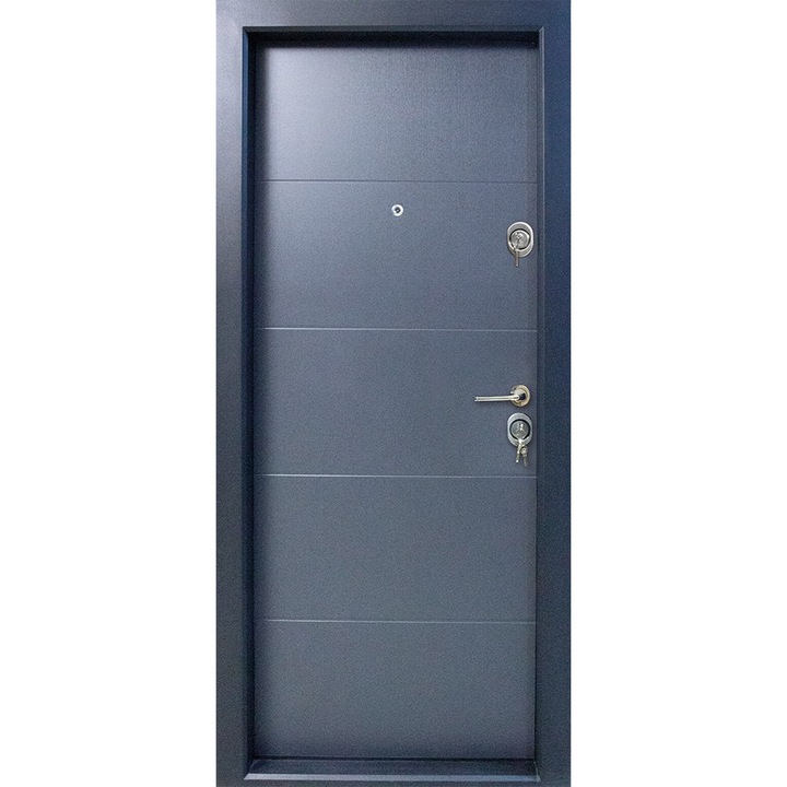 Usa metalica de apartament cu izolatie si vizor Novo Doors First Class NDS12, Deschidere Stanga, Dimensiune 200X88 cm, Tabla 12 mm, Exterior din PVC, Interior alb, Kit complet, Gri Antracit