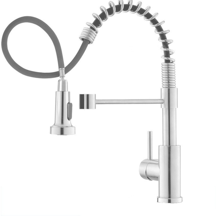Кран за кухненска мивка, изтеглящ се кран, премиум клас, керамичен патрон, бутон ВКЛ./ИЗКЛ., 2 типа струя, включени връзки, SMART GADGETS C&A, неръждаема стомана, сребро