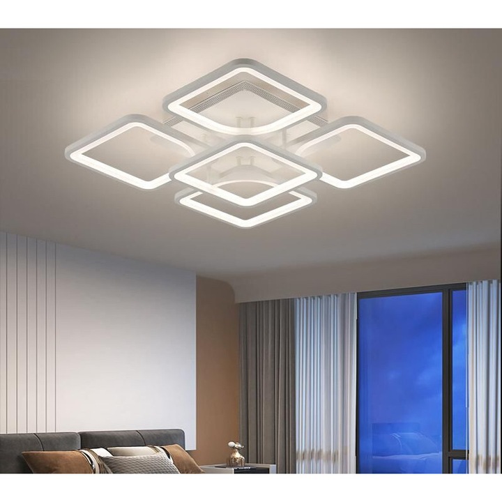 Димируем LED полилей с дистанционно управление, 3 типа светлина топла/неутрална/студена, 110W StrongLED, регулируема интензивност, 5 квадрата, бял корпус ZenLED®