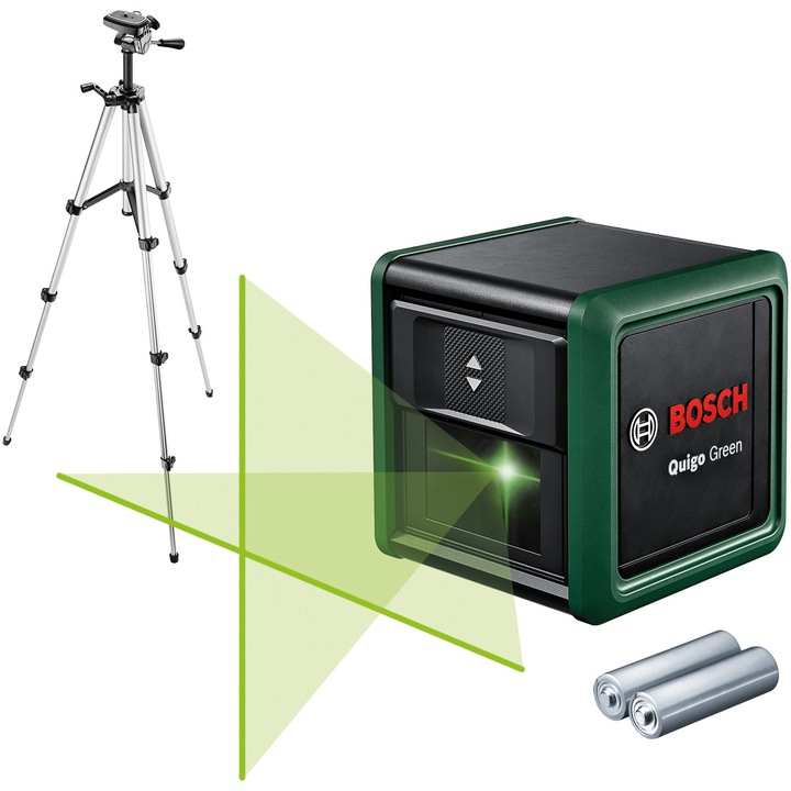 Nivela cu laser Bosch Quigo Green Set 0603663CZ1, 12 m domeniu lucru, 500-540 nm dioda laser, ± 0.6 mm/m precizie, ±4° autonivelare, 1/4" filet stativ, 2 baterii 1.5 V), sistem prindere universal MM2, adaptor montare, stativ aluminiu telescopic