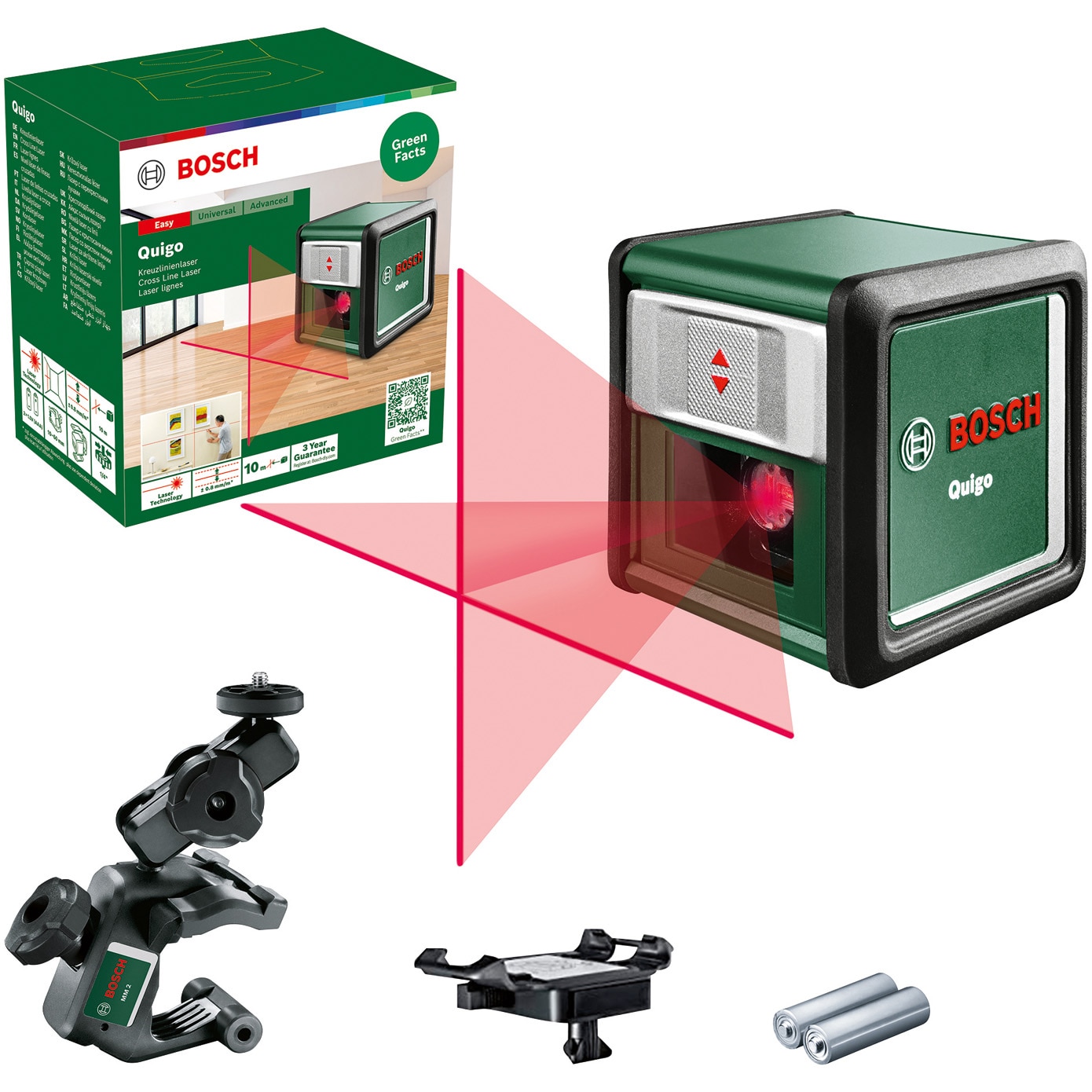Nivela cu laser Bosch Quigo 06036635Z0, cu linii in cruce, 10 m domeniu lucru, +/- 0,8 mm/m precizie, ±4° autonivelare, 635 nm dioda laser, sistem de prindere universal MM2, acceso