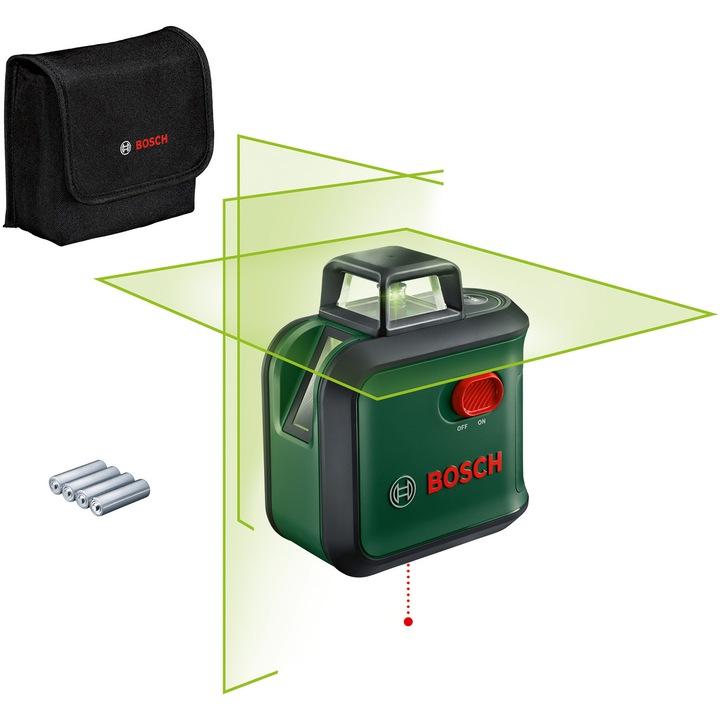 Nivela cu laser Bosch AdvancedLevel 360 0603663BZ0, proiecteaza o linie orizontala la 360° si 2 linii verticale si punct de verticala, cu autonivelare, domeniu masurare 24 m, precizie 0.4 mm/m, interval lucru +/- 4 grade, 1/4" filet stativ