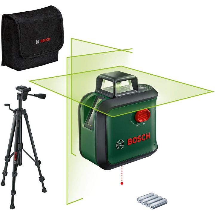 Nivela cu laser Bosch AdvancedLevel 360 Set 0603663BZ1, proiecteaza o linie orizontala la 360° si 2 linii verticale si punct de verticala, cu autonivelare, domeniu masurare 24 m, precizie 0.4 mm/m, interval lucru +/- 4 grade, 1/4" filet stativ