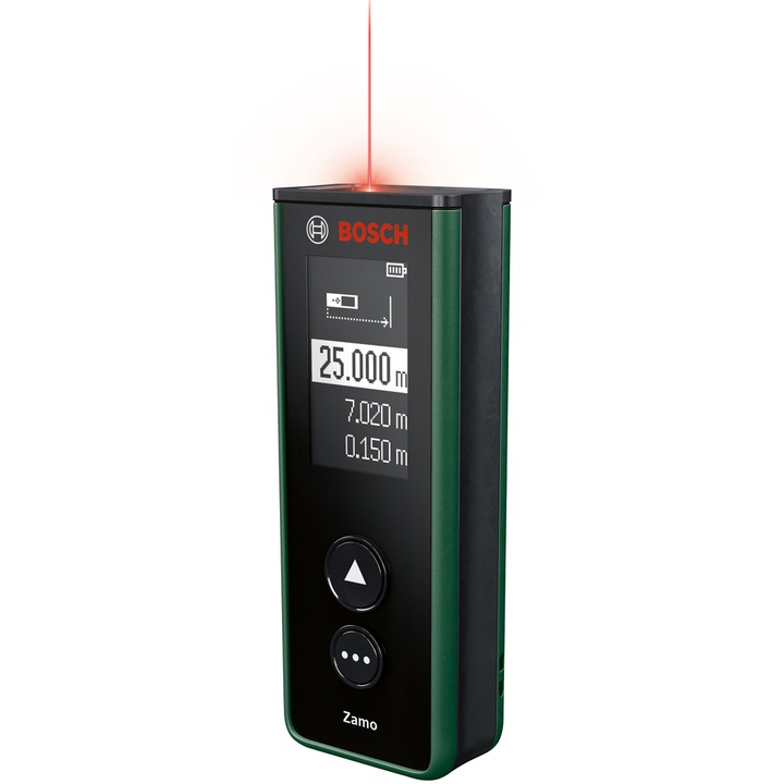 Telemetru Bosch Zamo IV Basic 06036729Z0, masurarea precisa cu laser a distantelor de pana la 25 m, masurare lungimi, suprafete si volume