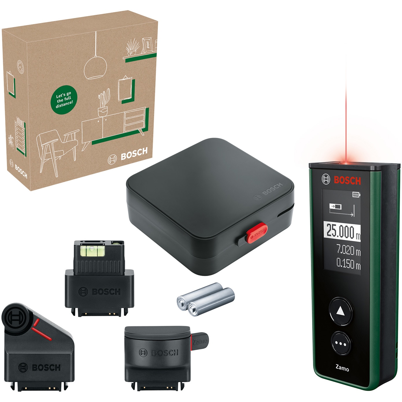 Telemetru Bosch Zamo IV Set 06036729Z1, masurarea precisa cu laser a distantelor de pana la 25 m, masurare lungimi, suprafete si volume, inclus accesorii: nivela, roata si ruleta