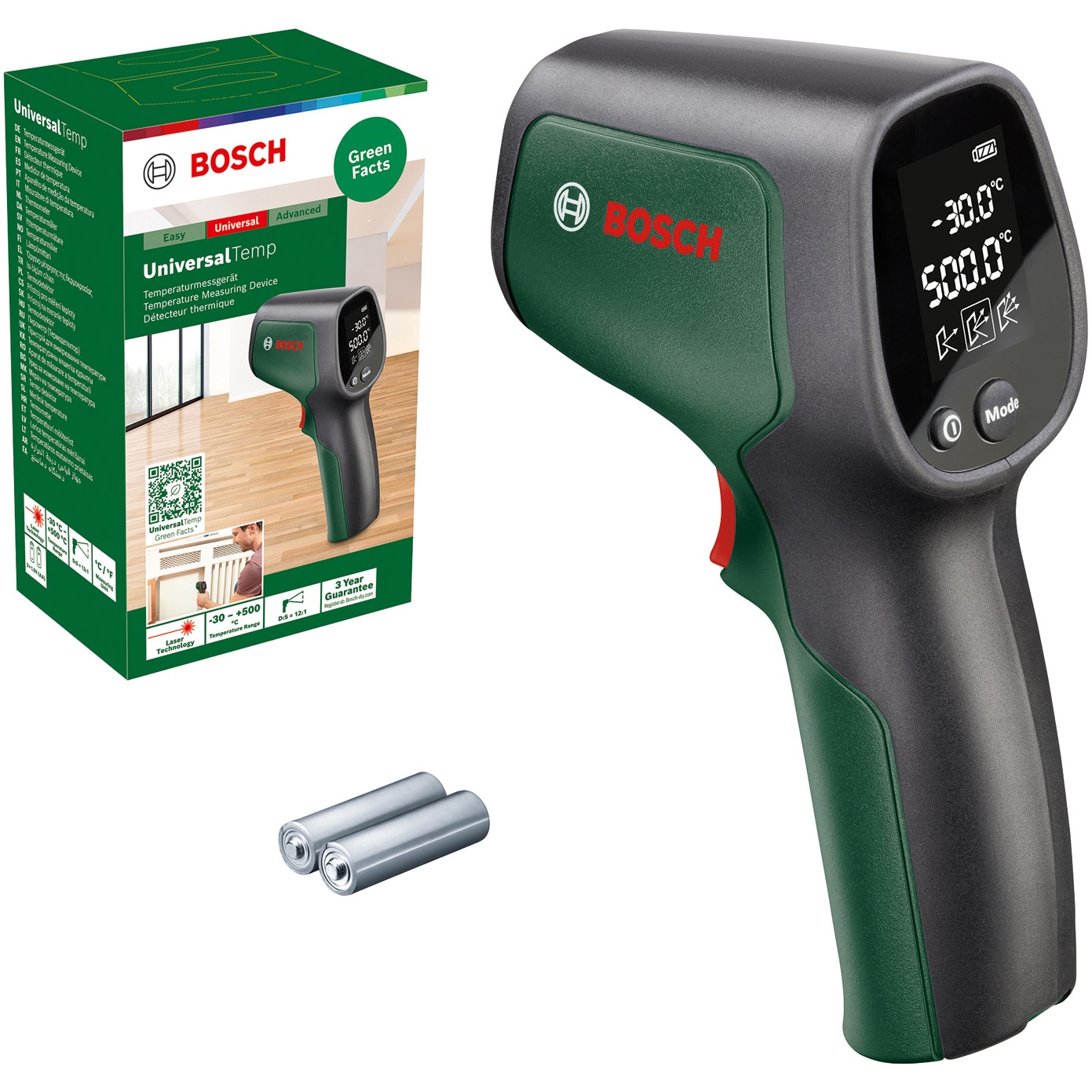 Termodetector Bosch UniversalTemp 06036831Z0, tehnologia sa cu laser cu infrarosu are un domeniu vast de masurare de la -30 °C pâna la +500 °C, afisaj retroiluminat lizibil