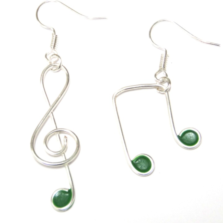 Cercei dama handmade Note Muzicale, aliaj metalic, verde