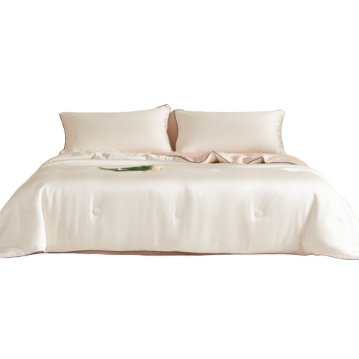 Set de 4 piese, Pilota de Vara (200*230 cm) cu Asternut si 2 Huse de Perna, Alb Piersica, Fibra Lyocell, Ideal pentru Paturi de 180 cm