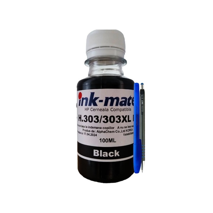 Pachet Flacon Cerneala InkMate Compatibil HP (303/303XL) T6N02AE/T6N04AE 1x100ml Negru, Pix Radius si Pix 567