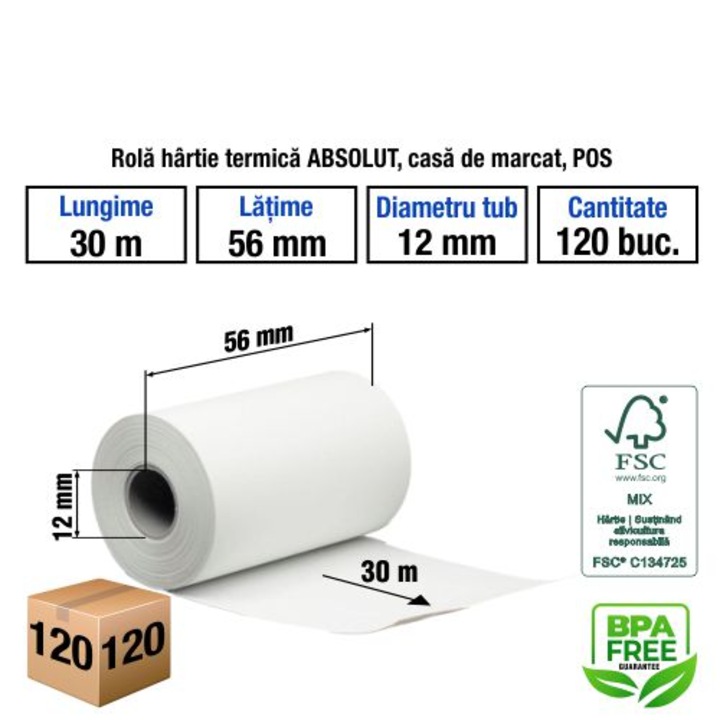 Rola hartie termica ABSOLUT, casa de marcat, POS, 56mmx30m, 48g, tub 12mm, BPA free, bax 120 buc