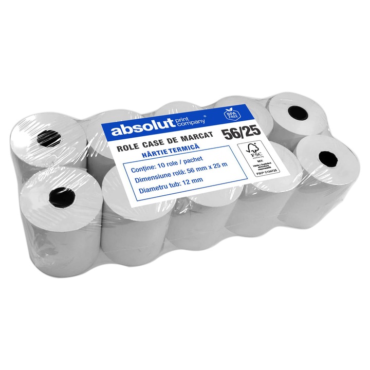 Set role case de marcat ABSOLUT, hartie termica, fara Bisfenol A (BPA), 56mmx25m, 48±5g/m², tub 12mm, cutie 120 buc