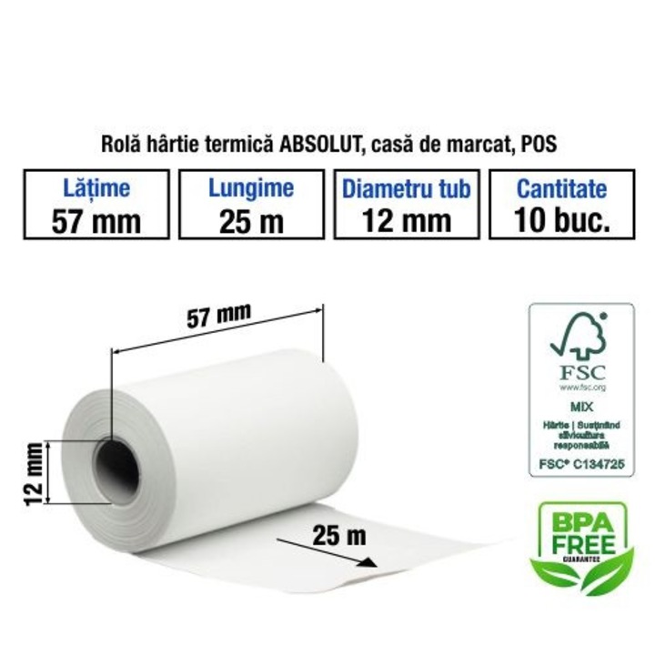 Rola hartie termica ABSOLUT, casa de marcat, POS, 57mmx25m, 48±5g/m², tub 12mm, BPA free, set 10 buc