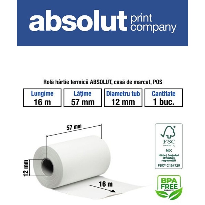 Rola hartie termica ABSOLUT, casa de marcat, POS, 57mmx16m, 48g, tub 12mm, BPA free, 1buc