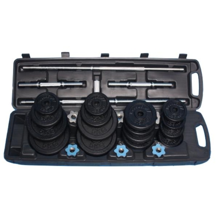 Set haltere 50kg, Master, 2 gryfy, 4x5kg, 6x2kg, 6x1kg, multicolor, 29x106x17cm