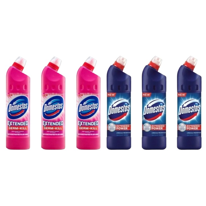 Set Curatenie Toaleta Domestos 6 x Componente, 3 x Solutie WC Lichid 750ml Zero Pink Fresh, 3 x Solutie WC Lichid 750ml Briza Marii, rapid si eficient, testat dermatologic, prospetime de lunga durata, elimina mirosuri neplacute