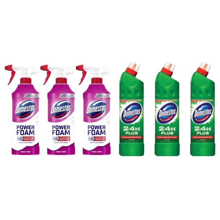 Set Curatenie Toaleta Domestos 6 x Componente, 3 x Spuma Baie 435ml Floral, 3 x Solutie WC Lichid 750ml Pin, rapid si eficient, testat dermatologic, prospetime de lunga durata, elimina mirosuri neplacute